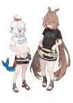  2girls ahoge bare_legs belt black_shirt black_shorts black_skirt blue_eyes blue_hair brown_hair closed_eyes clothes_writing ebi-chan_(gawr_gura) feather_hair_ornament feathers fins fish_on_head fish_tail flying_sweatdrops full_body gawr_gura hair_ornament hairclip highres hololive hololive_english hololive_summer_2023_swimsuit kani_fish long_hair looking_at_another midriff miniskirt multicolored_hair multiple_girls nanashi_mumei official_alternate_costume open_mouth ponytail sandals shark_girl shark_tail shirt short_shorts short_sleeves shorts shrimp sidelocks simple_background skirt smile standing streaked_hair t-shirt tail toes two_side_up very_long_hair virtual_youtuber white_background white_belt white_hair white_shirt 