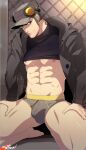  1boy abs artist_name bara bare_pectorals black_jacket black_shirt bulge closed_mouth clothes_lift grey_hair grey_male_underwear hat highres iwai_munehisa jacket kneeling large_pectorals long_sideburns male_focus male_underwear mazjojo muscular muscular_male navel nipples open_clothes open_jacket paid_reward_available pectorals persona persona_5 shirt shirt_lift short_hair sideburns solo thick_thighs thighs underwear 