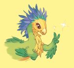  1other beak character_request feathers laoshui monster monster_hunter_(series) monster_hunter_wilds multicolored_feathers no_humans solo sparkle v yellow_background 
