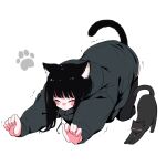  1girl animal_ears black_cat black_hair black_thighhighs blunt_bangs blush cat cat_ears cat_girl cat_stretch cat_tail closed_eyes commentary_request dot_nose full_body grey_hoodie highres hood hoodie megateru nose_blush original oversized_clothes partial_commentary paw_print solo stretching tail thighhighs white_background 