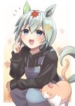  1girl :3 absurdres animal_ears autumn_leaves black_hoodie blue_eyes blue_overalls blush border cat commentary_request ear_covers gradient_background grey_hair hair_between_eyes hair_ornament hairclip highres hood hood_down hoodie horse_ears horse_girl horse_tail leaf leaf_background leaf_on_head long_sleeves nankanashi notice_lines open_mouth overalls pointing pointing_up seiun_sky_(umamusume) short_hair single_ear_cover smile solo squatting tail umamusume white_border 