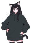  1girl ahoge animal_ears black_eyes black_hair black_hoodie blush cat cat_ears cat_girl cat_tail commentary_request cowboy_shot drawstring eyelashes hair_over_shoulder hands_on_own_hips highres hood hoodie long_hair looking_at_viewer megateru messy_hair original oversized_clothes puff_of_air simple_background sleeves_past_wrists smile solo tail tareme thighhighs white_background zettai_ryouiki 