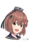  1girl anchor_symbol brown_hair cherry_blossoms hachimaki headband headgear highres kantai_collection medium_hair open_mouth parody portrait sailor_collar simple_background smile solo style_parody white_background yellow_eyes yuki_4040 yukikaze_(kancolle) 