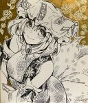  1girl akaioringo2023 animal_ears detached_sleeves dress flower fox_ears fox_tail hat leaf looking_at_viewer mob_cap monochrome multiple_tails ofuda ofuda_on_clothes short_hair sleeveless sleeveless_dress solo tail touhou traditional_media twitter_username yakumo_ran 