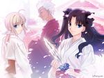 2girls archer artoria_pendragon_(all) black_hair blonde_hair blue_eyes cherry_blossoms dark_skin dark_skinned_male fate/hollow_ataraxia fate/stay_night fate_(series) game_cg green_eyes happy japanese_clothes knife miko multiple_girls saber smile takeuchi_takashi toosaka_rin two_side_up watermark white_hair 