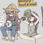  2girls alcohol banjo barefoot blue_overalls bocchi_the_rock! cube_hair_ornament dress drinking gotoh_hitori green_dress gun hair_ornament hat hiroi_kikuri instrument jacket meme multiple_girls music one_side_up overalls pants pantsu-ripper pink_hair pink_pants pink_track_suit playing_instrument purple_hair rifle sandals sneed&#039;s_feed_and_seed_(meme) speech_bubble straw_hat track_jacket weapon 