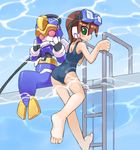  aile ass bare_shoulders barefoot blush blush_stickers brown_hair caustics feet from_behind goggles goggles_on_head green_eyes ladder looking_back lurerre mermaid monster_girl multiple_girls one-piece_swimsuit pool pool_ladder rockman rockman_zx school_swimsuit shigehiro_(hiroi_heya) short_hair sitting soles swimsuit underwater wading water 