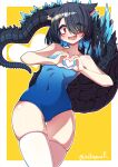  1girl @_@ absurdres animal_ear_fluff animal_ears artist_name black_hair blue_hair blue_one-piece_swimsuit cat_ears colored_inner_hair cowboy_shot hair_over_one_eye hands_up heart heart_hands heart_tail highres lizard_tail mikagura multicolored_hair one-piece_swimsuit open_mouth orange_eyes original sharp_teeth short_hair simple_background solo spines standing swimsuit tail teeth thigh_gap twitter_username yellow_background 