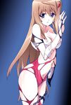  bare_shoulders blue_eyes bodysuit breasts brown_hair chain cleavage hair_ornament hiiragi_akao jinki long_hair medium_breasts navel pilot_suit solo torn_clothes tsunashima_shirou very_long_hair wet 