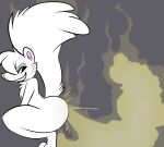 anthro butt crouching fart fart_fetish fur grey_background grin harp_(skunkbutts) male mammal mephitid naughty_face nude raised_tail simple_background skunk skunkbutts slim smelly smile solo tail white_body white_fur