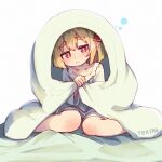  1girl absurdres artist_name blonde_hair collarbone fang furrowed_brow hair_ribbon highres medium_hair nightgown red_eyes red_ribbon ribbon rumia shirt simple_background sitting solo tekina_(chmr) touhou under_covers wariza white_background white_shirt 