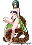  1girl absurdres artist_name bikini breasts brown_scales colored_inner_hair forked_tongue full_body green_bikini green_hair hair_over_one_eye highres large_breasts long_hair long_tail looking_at_viewer mikagura multicolored_hair o-ring o-ring_bikini open_mouth original pointy_ears scales simple_background slit_pupils smile snake_girl snake_tail solo standing strapless strapless_bikini swimsuit tail tongue tongue_out twitter_username very_long_hair very_long_tail white_background yellow_eyes 