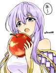  1girl apple bare_shoulders breasts circlet dress fire_emblem fire_emblem:_genealogy_of_the_holy_war food fruit holding holding_food holding_fruit julia_(fire_emblem) long_hair open_mouth purple_eyes purple_hair simple_background solo wide_sleeves yukia_(firstaid0) 
