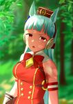  1girl animal_ears ao_komhur bare_shoulders blurry blurry_background bow breasts brown_headwear commentary_request dress gloves gold_ship_(umamusume) grey_hair highres horse_ears horse_girl large_breasts long_hair looking_at_viewer open_mouth outdoors pillbox_hat pouch red_bow red_dress red_eyes shirt sleeveless sleeveless_shirt solo umamusume v-shaped_eyebrows white_gloves 