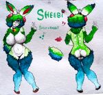absurd_res anthro bell bell_collar big_breasts blush bovid breasts caprine collar female fingers freckles freckles_on_breasts freckles_on_face front_view fur fur_collar fur_tuft green_body green_fur green_hair hair hi_res hooves horn lagomorph leporid mammal multicolored_body multicolored_ears multicolored_fur multicolored_hair multicolored_tail rabbit rear_view red_eyeliner red_horn reference_to_character sheebi sheebibites sheep smile smiling_at_viewer spots tail teal_body teal_eyes teal_fur teal_hair text tuft white_spots