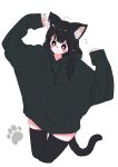  1girl ahoge animal_ears arms_up black_eyes black_hair black_hoodie blush bright_pupils cat_ears cat_girl cat_tail commentary_request cowboy_shot drawstring eyelashes highres hood hoodie long_hair looking_down megateru messy_hair original oversized_clothes simple_background sleeves_past_wrists smile solo tail tareme thighhighs white_background white_pupils zettai_ryouiki 