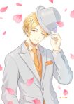  1boy beard blonde_hair closed_mouth facial_hair falling_petals fedora given hand_on_headwear hat highres light_smile looking_at_viewer male_focus nakayama_haruki necktie one_eye_closed orange_eyes petals short_hair simple_background solo suit umi8315 upper_body white_background white_suit yellow_necktie 