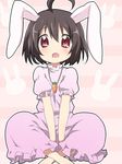  ahoge animal_ears bad_id bad_pixiv_id black_hair bunny_ears inaba_tewi indian_style jewelry maruki_(punchiki) open_mouth pendant red_eyes short_hair sitting solo staring touhou v_arms 