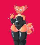 ambiguous_gender ambiguous_species anthro armwear clothing ear_piercing ear_ring flat_chested fluffy fur gesture hatrian latex latex_armwear latex_clothing latex_legwear latex_thigh_highs legwear leotard orange_body orange_fur piercing pointing pointing_at_self ring_piercing simple_background solo sparkles star_eyes tail tail_motion tail_tuft tailwag thick_thighs thigh_highs tuft tufted_ears wide_hips yellow_eyes