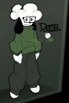 aliasing anthro artist_name barefoot bottomwear canid canine canis character_name clothed clothing demo_(probablydemo) digital_media_(artwork) domestic_dog eyebrows eyewear feet fully_clothed fur glasses green_clothing green_sweater green_topwear grey_bottomwear grey_clothing grey_pants male mammal pants probablydemo rectangular_glasses solo standing sweater three-quarter_view topwear watermark white_body white_fur
