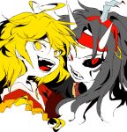  2others androgynous antenna_hair black_sclera blonde_hair braid candle chinese_commentary colored_sclera colored_skin fangs grey_hair headband heart_antenna_hair horns korean_commentary len&#039;en ling_s long_hair mismatched_sclera multiple_others no_nose ooama_no_ake_no_mitori open_mouth other_focus red_eyes red_headband simple_background smile taira_no_chouki white_background white_skin yellow_eyes 