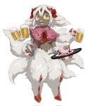  1girl :o alcohol alternate_costume beer beer_mug body_fur bow bowtie capelet claws colored_eyelashes cup dark-skinned_female dark_skin drink extra_arms faputa fewer_digits fork full_body hair_bow hashtag_only_commentary highres holding holding_cup holding_tray horns knife looking_to_the_side made_in_abyss monster_girl mug multiple_horns multiple_tails navel open_mouth pink_capelet red_bow red_bowtie red_horns sharp_teeth simple_background solo stab standing tail teeth tray white_background white_fur xiaopizi32439 yellow_eyes 