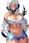  1girl abs absurdres au_ra bare_shoulders black_horns blue_eyes blush breasts cleavage commentary_request cowboy_shot denim denim_shorts dragon_girl dragon_horns dragon_tail final_fantasy final_fantasy_xiv grin hair_between_eyes heterochromia highres horns jacket large_breasts long_hair looking_at_viewer navel open_clothes open_fly open_jacket red_eyes scales sharp_teeth shhilee short_shorts shorts simple_background smile solo sports_bra stomach sweat tail teeth warrior_of_light_(ff14) white_background white_hair white_jacket white_sports_bra 
