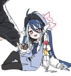  1girl antenna_hair arm_support armband artist_request black_leggings blue_archive blue_hair blue_headwear blue_necktie blue_vest bow doughnut food fubuki_(blue_archive) full_body grey_hair hair_bow hair_ornament hand_on_ground heart heart_hair_ornament holding holding_food jacket leggings lowres lying multicolored_hair necktie on_side parted_bangs red_eyes shirt simple_background solo streaked_hair twintails vest white_background white_bow white_jacket white_shirt 