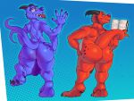 anthro book brother_(lore) brothers_(lore) brukin bubble_butt butt cross_eyes duo feet_in_air genitals gesture hand_on_butt hi_res ikrouque kobold looking_at_viewer male male/male multi_genitalia multi_limb multi_tongue multiple_poses overweight overweight_male pose reading reading_book reptile scalie sibling_(lore) tail tderek99 thick_tail tongue twunk waving waving_at_viewer
