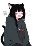  1girl ahoge animal_ear_fluff animal_ears black_cat black_hair blunt_bangs blush cat cat_ears cat_girl cat_tail closed_eyes commentary_request emphasis_lines fangs grey_hoodie highres hood hoodie megateru no_nose nose_blush open_mouth original oversized_clothes partial_commentary paw_print sitting sleeves_past_wrists solo tail tearing_up yawning 