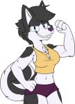2016 4_fingers alpha_channel anthro arm_markings arm_tuft athletic athletic_anthro athletic_female biceps biped black_body black_ears black_eyebrows black_eyelashes black_fur black_hair black_markings black_pupils black_tuft blue_eyes bottomwear breast_tuft breasts canid canine canis cheek_tuft chest_tuft clothed clothed_anthro clothed_female clothing colored countershade_face countershade_fur countershade_legs countershade_neck countershade_tail countershade_torso countershading curled_tail desilu_(chokovit) digital_drawing_(artwork) digital_media_(artwork) dog_ears dog_tail domestic_dog elbow_tuft eyebrows eyeshadow facial_tuft fangs feet female female_anthro fingers fist flexing_bicep fluffy fluffy_tail fur furgonomic_bottomwear glistening glistening_eyes hair husky kabula_(artist) looking_at_viewer makeup mammal markings midriff navel nordic_sled_dog open_mouth open_smile portrait prick_ears pupils purple_bottomwear purple_clothing purple_eyeshadow purple_nose purple_shorts shirt shorts shoulder_markings shoulder_tuft simple_background smile solo spitz tail tank_top teeth three-quarter_portrait toes topwear transparent_background tuft whistle_(object) whistle_around_neck white_arms white_body white_countershading white_inner_ear white_markings white_tuft yellow_clothing yellow_shirt yellow_tank_top yellow_topwear