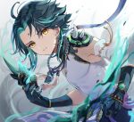  1boy aqua_hair black_gloves black_hair blurry colored_inner_hair commentary_request elbow_gloves eyes_visible_through_hair facial_mark forehead_mark genshin_impact gloves highres holding holding_mask jewelry looking_at_viewer magic male_focus mask messy_hair multicolored_hair necklace parted_lips pearl_necklace shirt short_hair shoulder_spikes sleeveless sleeveless_shirt solo spikes streaked_hair tassel tikoo_616 upper_body white_shirt xiao_(genshin_impact) yellow_eyes 