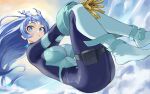  1girl absurdres belt blue_bodysuit blue_eyes blue_hair bodysuit boku_no_hero_academia breasts bright_pupils closed_mouth cloud cloudy_sky commentary_request day drill_hair fengling_(furin-jp) floating_hair gloves green_bodysuit hadou_nejire hair_horns highres knees_up large_breasts light_blue_hair light_blush long_hair looking_at_viewer midair multicolored_bodysuit multicolored_clothes pout skin_tight sky solo sunlight thigh_belt thigh_pouch thigh_strap two-tone_bodysuit white_pupils yellow_gloves 