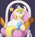 ailoy4 baby_mobile big_diaper blonde_hair blue_eyes cherry_trot_(oc) clothed clothing diaper diaper_fetish fan_character hair hasbro hi_res hooves leg_markings male markings my_little_pony socks_(marking) tail wearing_diaper yellow_tail