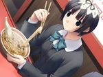  black_eyes black_hair blazer bowl chopsticks dutch_angle food game_cg hashimoto_takashi jacket non-web_source noodles ramen short_hair smile solo spoon steam white_breath 