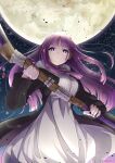  1girl absurdres artist_name black_robe blunt_bangs breasts bright_pupils closed_mouth commentary_request dress facing_viewer fern_(sousou_no_frieren) floating_hair highres holding holding_staff large_breasts long_hair long_sleeves mage_staff moon payano_i purple_eyes purple_hair robe solo sousou_no_frieren staff white_dress 
