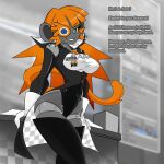anthro big_breasts big_butt blender_(software) blue_eyes breasts butt clothing dialogue eye_patch eyewear female grey_body hair haplorhine hi_res looking_at_viewer machine mammal monkey one_eye_obstructed orange_hair primate robot smile solo square_of_light tail text thick_thighs wide_hips yellow_sclera