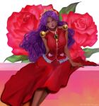  dark-skinned_female dark_skin dress flower green_eyes himemiya_anthy magical_girl purple_hair red_dress rose shoujo_kakumei_utena solo 