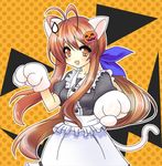  animal_ears antenna_hair brown_eyes brown_hair cat_ears cat_paws cat_tail clannad food_themed_hair_ornament fuguno furukawa_sanae hair_ornament halloween jack-o'-lantern long_hair lowres maid orange_background paws pumpkin pumpkin_hair_ornament solo sweatdrop tail 