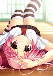 brown_eyes izumi_makoto lying original pink_hair school_uniform solo striped striped_legwear thighhighs 