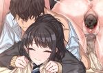  1boy 1girl black_hair censored closed_eyes clothed_sex cum cum_in_pussy ejaculation erere faceless faceless_male female_pubic_hair hetero idolmaster idolmaster_shiny_colors invisible_penis kazano_hiori mosaic_censoring multiple_views prone_bone pubic_hair pussy pussy_juice_stain school_uniform sex sex_from_behind sheet_grab sweat tears vaginal 
