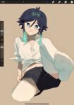  1boy :3 androgynous aqua_eyes aqua_hair art_program_in_frame black_shorts blue_eyes blue_hair blush collared_shirt feet foot_focus foot_up genshin_impact hair_between_eyes knee_up leaning_back looking_at_viewer male_focus midriff multicolored_hair navel no_shoes shirt short_hair_with_long_locks short_shorts shorts sitting soles solo streaked_hair tcsalmon thighhighs toes two-tone_eyes unfinished venti_(genshin_impact) white_shirt white_thighhighs 