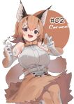  1girl absurdres animal_ears bare_shoulders blue_eyes blush breasts brown_hair caracal_(kemono_friends) caracal_ears cat_ears cat_girl cat_tail elbow_gloves gloves hair_between_eyes high-waist_skirt highres jknor kemono_friends large_breasts looking_at_viewer multicolored_hair open_mouth orange_gloves orange_hair orange_skirt orange_thighhighs shirt sidelocks skirt sleeveless smile solo tail thighhighs two-tone_gloves white_gloves white_hair white_shirt 