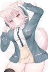  1girl animal_ears breasts brown_hair cat_ears cat_girl cat_tail collared_shirt danganronpa_(series) danganronpa_2:_goodbye_despair flipped_hair galaga hair_ornament highres hood jacket long_sleeves looking_at_viewer medium_hair nanami_chiaki neck_ribbon open_clothes peko_taro pink_eyes pleated_skirt ribbon shirt skirt solo tail thighhighs white_shirt 