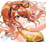  1girl adjusting_eyewear bakkanda bikini breasts brown_eyes choker cleavage d4dj earrings eyewear_on_head grey_background happy_birthday heart highres hoop_earrings jewelry long_hair looking_at_viewer one_eye_closed orange_hair seto_rika swimsuit twintails wavy_hair yellow_bikini 