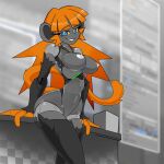 anthro areola big_breasts big_butt blender_(software) blue_eyes breasts butt female grey_body hair haplorhine hi_res looking_at_viewer machine mammal monkey navel nipples nude orange_hair primate robot smile solo square_of_light tail thick_thighs wide_hips yellow_sclera