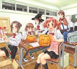  6+girls apron bag blush book box boxcutter brown_eyes brown_hair can cardboard_box chair chalkboard classroom closed_eyes desk focused food_themed_hair_ornament glasses grin hair_ornament hairclip halloween happy_halloween hat holding holding_bag holding_can indoors jack-o'-lantern leaning_forward low_twintails multiple_girls original paper_chain paper_roll pen pleated_skirt pumpkin pumpkin_hair_ornament red_hair safety_pin saimon school_uniform short_hair short_twintails shoulder_bag sitting skirt sliding_doors smile spoon twintails witch_hat 
