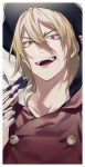  1boy blonde_hair dr._stone hair_between_eyes hat highres male_focus medium_hair nanami_ryuusui open_mouth pirate_hat red_tunic smile solo syubare yellow_eyes 
