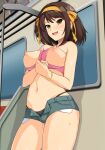  1girl :d absurdres alternate_breast_size blush bob_cut breasts brown_eyes brown_hair commentary_request cowboy_shot crop_top green_shorts hair_ribbon hairband haruhisky highres large_breasts medium_hair naughty_face navel nipples open_mouth ribbon short_shorts shorts smile solo standing suzumiya_haruhi suzumiya_haruhi_no_yuuutsu sweatdrop thick_thighs thighs train_interior window yellow_hairband yellow_ribbon 