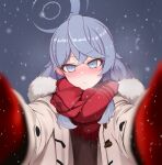 1girl absurdres ako_(blue_archive) alternate_costume blue_archive blue_eyes blue_hair blush coat duffel_coat enpera fur-trimmed_coat fur_trim gbr20210907 halo highres looking_at_viewer meme nose_blush outdoors pov pov_cheek_warming_(meme) reaching reaching_towards_viewer red_scarf scarf snowing upper_body white_coat 